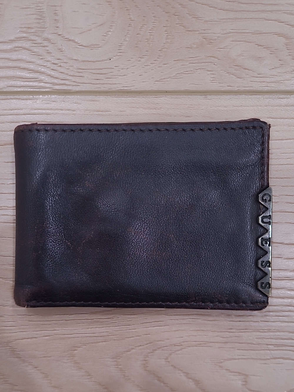 Vintage GUESS Dark Brown Leather Wallet with Metal Logo